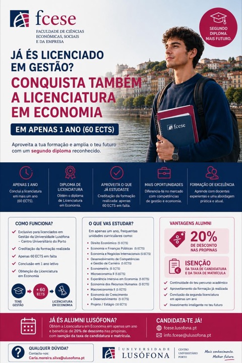 Cartaz da segunda licenciatura em Economia para licenciados em Gestão — em apenas 1 ano, 60 ECTS