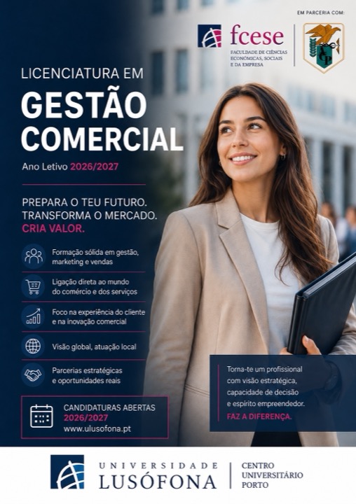 Cartaz da Licenciatura em Gestão Comercial, em parceria com a ACP — Prepara o teu futuro. Transforma o mercado. Cria valor.