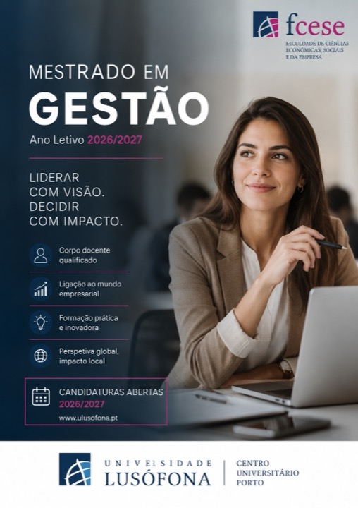 Cartaz do Mestrado em Gestão — Liderar com visão. Decidir com impacto.