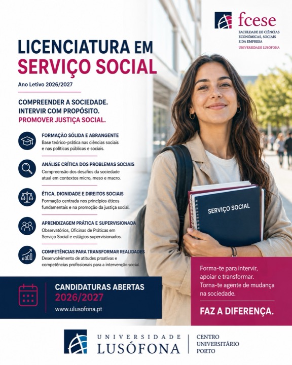 Cartaz da Licenciatura em Serviço Social — Compreender a sociedade. Intervir com propósito. Promover justiça social.