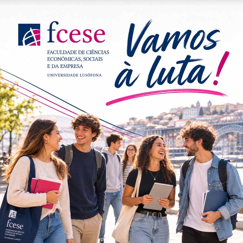 Cartaz FCESE «Vamos à luta!» — estudantes junto ao rio Douro, com a Ponte D. Luís I e o Porto ao fundo